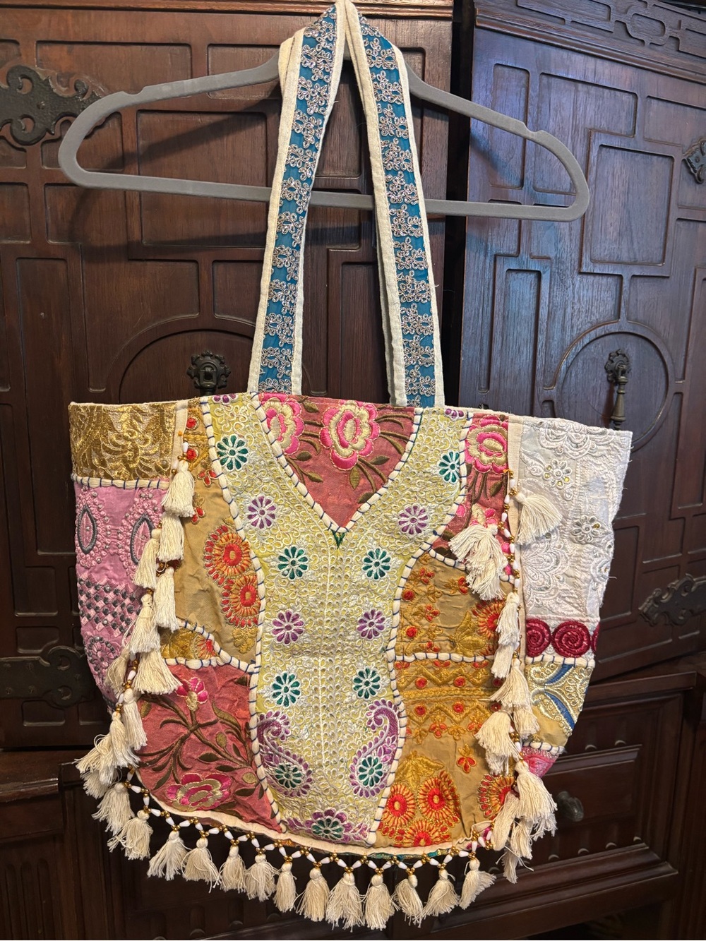 EARTHBOUND Multicolor Embroidered Boho Tassel Tote - Gold, Pink, Blue, Cream
